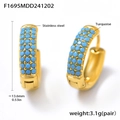 Golden stainless steel hoop earrings featuring turquoise bead inlay and side view details - Gold Turquoise Earrings-Medium