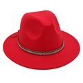 Detail of red wool fedora hat featuring a brown leather strap with silver metal studs - L (58-60cm) / Red