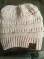Pink cable knit ponytail beanie hat with soft warm fabric and faux leather C.C tag - One Size / Light Pink
