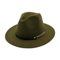 Classic olive green wide brim fedora hat with black leather band and gold chain accent - Army Green