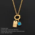 Collar de acero dorado 14K con colgante letra F y piedra preciosa azul - F