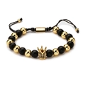 Herren Armband aus Naturachat mit mattschwarzen Perlen und goldenem Kronenanhänger - Matte Schwarz + Kupferperle