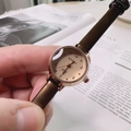 Minimalist quartz watch for women with rose gold case and slender brown leather strap - Brown