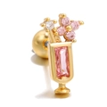 Pink rectangular zircon cup stud earring with golden finish and flower detail - Drink Cup (EGD0049)