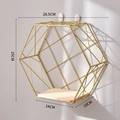 Nordic hexagonal wall shelf with golden metal frame and wood base for home decor - Large / Gold