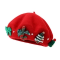 Béret de Noël rouge en laine avec sapin de Noël, sucre d'orge et nœud vert élégant - Rouge (Style de Noël 3)
