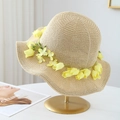 Straw sun hat with yellow floral trim and wide wavy brim for women beach vacation - M(56-58cm) / Yellow Flower Wreath - Beige