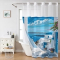 Santorini landscape waffle shower curtain with blue dome church and sea scenery - 181x188cm Single Shower Curtain / Santorini Landscape