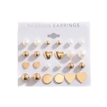 12 pairs of golden geometric earrings set with pearls, hearts, and studs on white card - 75kc Gold 11528