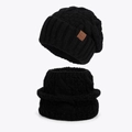 Women's winter black knit beanie and neck warmer set with a classic cable pattern - Black