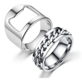 Stainless steel bottle opener ring and chain spinner ring detail view, cool men's jewelry piece - Size 6 / Bottle Opener And Chain Ring Set / Silver