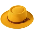 Yellow flat top wide brim wool felt hat with brown leather tassel band for winter fashion - M(56-58cm) / Yellow