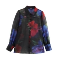 Elegante halftransparante zwarte organza shirt met lange mouwen en rood-blauwe bloemenprint - XS / Zwart