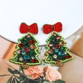 Handmade beaded Christmas tree earrings with colorful rhinestones and a red bow knot - Style 1 (Christmas Tree with Red Bow)