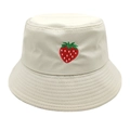 Chapeau bob classique en coton crème orné d'une broderie fraise délicate sur le devant du chapeau - M (56-58cm) / Beige