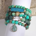 Bohemian stackable bracelet set with turquoise stones and blue crystal pendants - Green