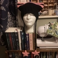 Handmade black cat ear beanie with pink stripes and crochet star pendants - Adult 56-59cm / Pink Black