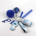 Blue personal safety keychain set with alarm, tactical pen, and plush pom pom detail - 13-Blue Clouds