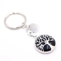 Silver Tree of Life keychain with custom engraving metal plate on white background - Black Agate