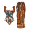 Dreiteiliges Bikini-Set mit Kokosnussbaum-Print und passendem Wickelrock für den Strand - S / Oberteil Und Unterteil / Retro-Braun