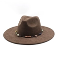 Cappello fedora marrone a tesa larga con fascia boho in pietre dure e corda intrecciata - M (56-59cm) / caffè