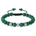 Detailed shot of green malachite beaded bracelet with custom engraved silver metal charms - Malachite - 1 Name