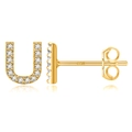Macro shot of S925 sterling silver hallmark on gold letter U stud earring with zircons - Gold U