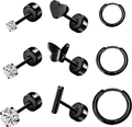 Ensemble de 9 paires de boucles d'oreilles noires en acier inoxydable, clous et anneaux - Ensemble de Styles Assortis / Noir