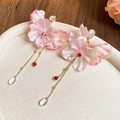 Detail of handmade pink flower drop earrings with golden chain and crystal charms - Double Flower Style (196#) / Pink