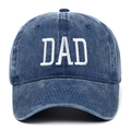 Close-up of white DAD embroidery on washed dark blue cotton canvas baseball cap - Adjustable / Navy Blue DAD