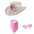 Set cappello da cowboy con stampa mucca rosa, occhiali a cuore e bandana - Set 3 Pezzi Stampa Mucca Rosa
