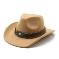 Classic sand beige felt cowboy hat with leather braided band and turquoise stone accent - M (56-58cm) / Camel
