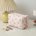 Pink bow pattern makeup bag with textured fabric, zipper, and pearl bow pendant - Square / White Pink