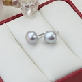 Elegant pair of light grey round pearl earrings with S925 silver studs on red leather box - 9-9.5mm