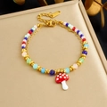 Rainbow beaded bracelet with cute mushroom pendant on gold chain for women - Double Layer Mushroom Beaded Style (B1849)
