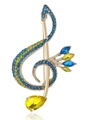 Elegant gold G-clef brooch adorned with blue and yellow rhinestones and large crystals - Yellow+Blue