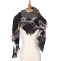 Classic plaid triangle scarf in black, white, pink, and grey with fringe tassels - Black (S2-02#)