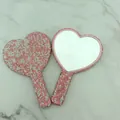 Specchio a mano rosa a forma di cuore con strass scintillanti e manico pieghevole - Rotondo / Rosa