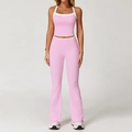 Roze tweedelige yogaset met haltertop en uitlopende broek met witte bies - S / Vest + Flare Broek / Kersenbloesem Roze