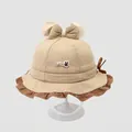 Beige baby bucket hat with cartoon lucky rabbit patch and brown ruffle trim detail - 50cm (1-3 Years) / Khaki