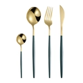 Modern 4-piece stainless steel cutlery set with golden finish and dark green handles - Green Gold 4-Piece Set