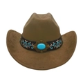 Brown western cowboy hat with turquoise floral embroidery and vintage bronze metal trim - Army Green (Floral Embroidery Band)