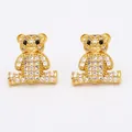 Boucles d'oreilles ours dorées scintillantes pour femmes avec cristaux blancs et yeux noirs - Lettre F