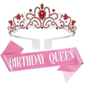 Set Birthday Queen avec couronne argentée, cristaux rouges et écharpe rose pailletée - Couronne Strass Rouges Et Écharpe Queen Rose (10)