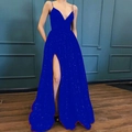 Elegant royal blue sequin evening dress with deep V-neck and high leg slit detail - L / Blue