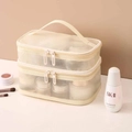 Double-layer beige mesh toiletry bag with top handle and secure dual zippers for travel - Double Layer / Beige