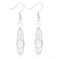 Detail of clear quartz hexagonal crystal pendant earrings with silver wire wrapping - Wire Wrapped Hexagonal Prism Earrings / Silver Clear Quartz Earrings