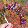 Detail of purple iridescent crystal crown with silver moon charms on wire-wrapped headband - Deep Purple + White K Moon