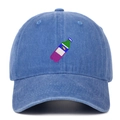 Detailed embroidery of a green beverage bottle on a navy blue washed cotton baseball cap - Light Blue