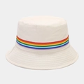 Detailed view of ivory cotton bucket hat with rainbow ribbon trim and parallel stitching - M (56-58cm) / Beige